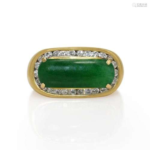 18K Yellow Gold Jade & Diamond Ring .50tdw 8.8g