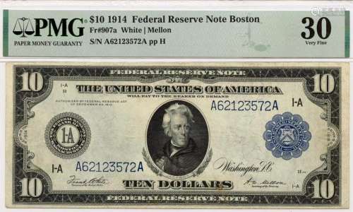 1914 $10 Federal Reserve Note Boston MA Fr# 907a PMG VF30