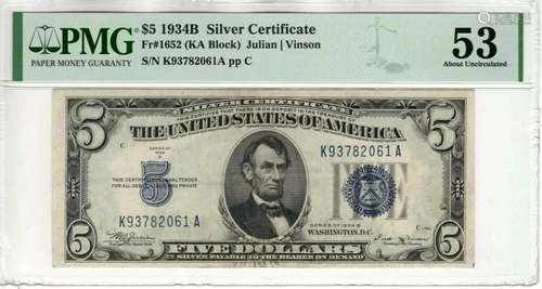 1934 B $5 SILVER CERTIFICATE NOTE FR.1652 RARE KA BLOCK PMG ...