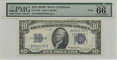 1934D $10 Silver Cert FR#1705 PMG 66 Gem UNC EPQ Wide