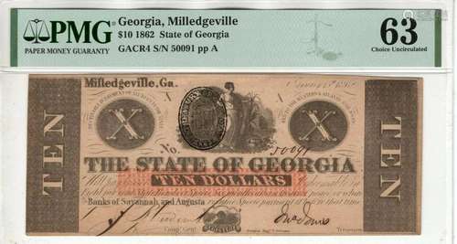 1862 $10 STATE OF GEORGIA MILLEDGEVILLE OBSOLETE NOTE CR4 PM...