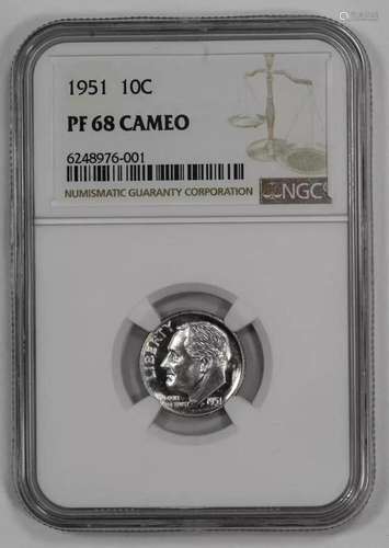 1951 PROOF ROOSEVELT DIME 10C NGC CERTIFIED PF PR 68 CAMEO (...