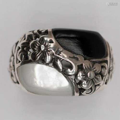 STERLING SILVER BLACK WHITE STONE FLOWER RING 925 NEW OLD ST...