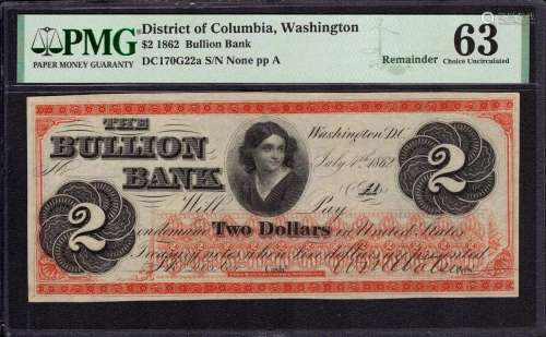 1862 $2 BULLION BANK DISTRICT OF COLUMBIA WASHINGTON OBSOLET...