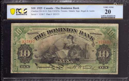 1925 $10 DOMINION BANK TORONTO ONTARIO CANADA PICK S1027a PC...