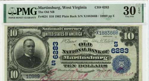 1902 $10 Old National Bank Martinsburg WV CH#6283 PMG VF30 E...