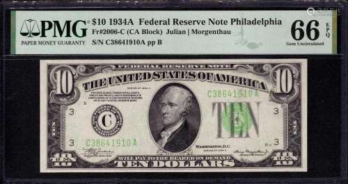 1934 A $10 FEDERAL RESERVE NOTE PHILADELPHIA FR.2006-C PMG G...