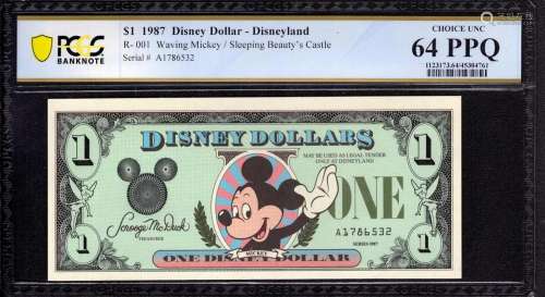 1987 $1 DISNEY DOLLAR WAVING MICKEY SLEEPING BEAUTY CASTLE P...