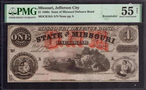 1860 $1 STATE OF MISSOURI DEFENCE BOND JEFFERSON CITY OBSOLE...
