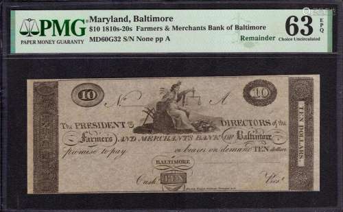 1810 $10 FARMERS MERCHANTS BANK BALTIMORE MARYLAND OBSOELTE ...