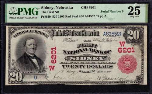 1902 $20 FIRST NATIONAL BANKNOTE SIDNEY NEBRASKA ONLY RED SE...