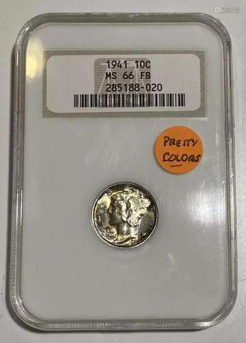 1941 P Mercury Dime NGC MS-66 FB Rainbow Toning