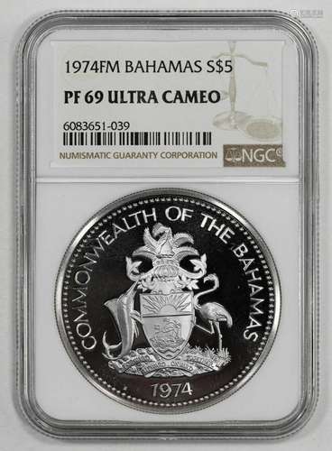 1974 FM PROOF BAHAMAS SHIELD FLAG S$5 PIRATE MOTTO NGC PF 69...