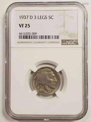 1937 D Indian Buffalo NGC VF-25 D 3 LEGS