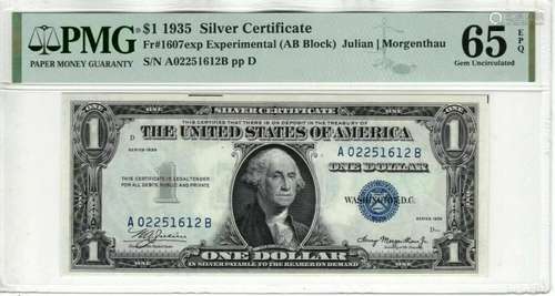 1935 $1 SILVER CERTIFICATE EXPERIMENTAL aB BLOCK FR.1607exp ...