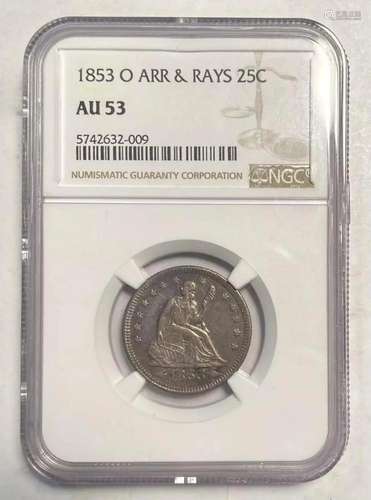 1853 O Liberty Seated Quarter NGC AU-53 O ARRows & Rays