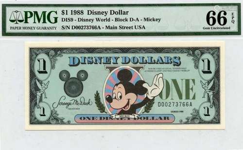 1988 $1 Disney Dollar DIS9 Mickey PMG Gem 66 EPQ