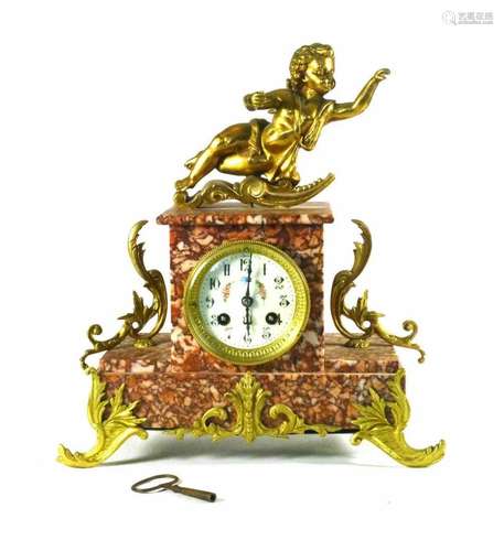 Marble Mantle Clock w/ Large Cherub on Top