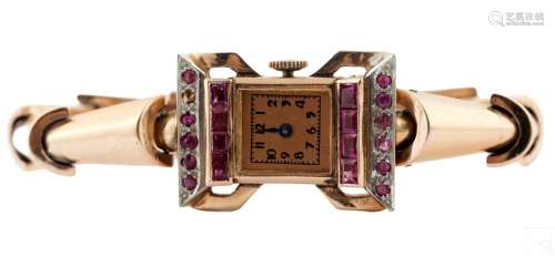 14K Rose Gold & Red Ruby Retro Cocktail Wristwatch