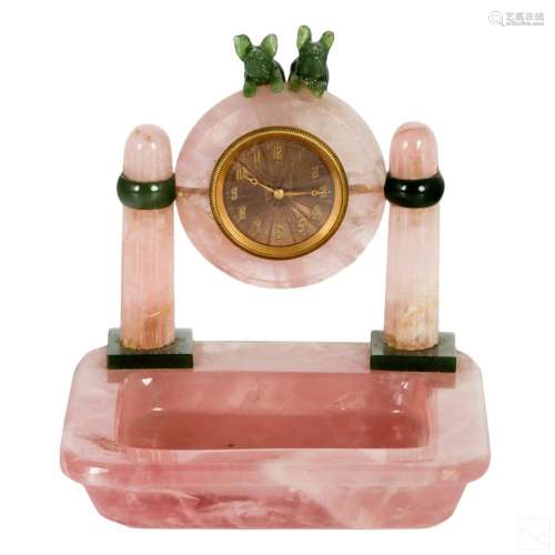 Pink Rose Quartz and Spinach Jade Swiss Desk Clock
