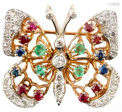 14K Gold Diamond Emerald Ruby Butterfly Pin Brooch