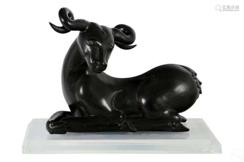 Modernist Bronze Recumbent Wild Ram Stag Sculpture