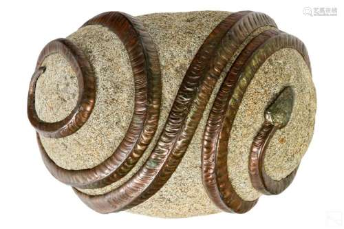 Copper Repousse Snake Wrapped Around Natural Stone