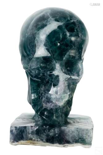 Modern Brutalist Green Fluorite Skull Bust Statue