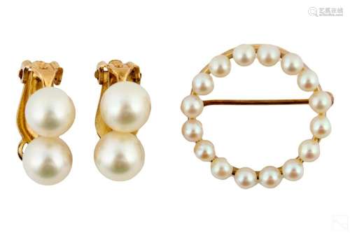 14K Gold Cultured Pearl Designer Earrings & Brooch