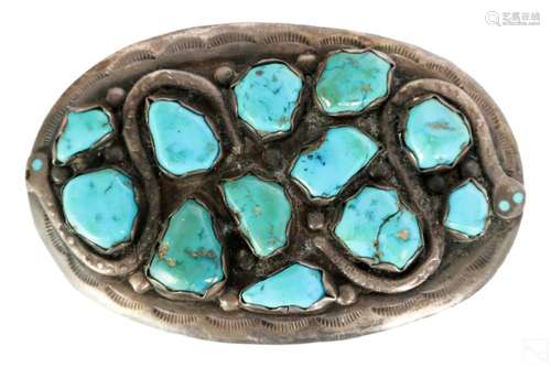 Effie C Zuni Sterling Silver Turquoise Belt Buckle