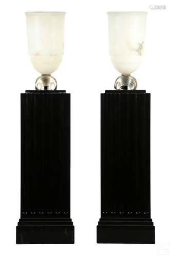 French Art Deco Alabaster Urn Lamps & Plinth Bases