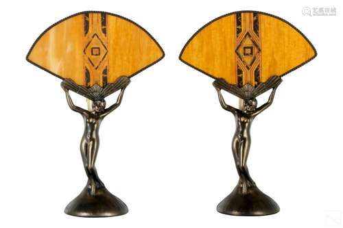 Art Deco Figural Table Lamps w/ Glass Fan Shades