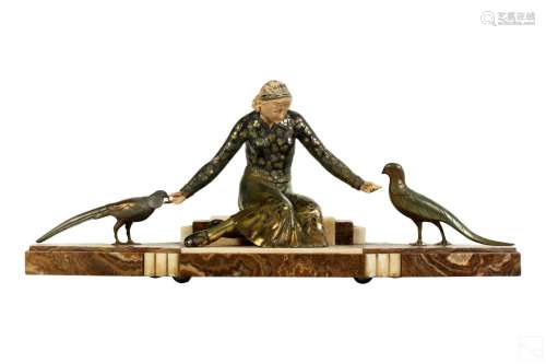 Art Deco Modernist Figural Lady & Birds Sculpture