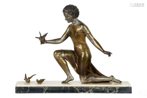 Bronze Art Deco Figural Lady and Dove Birds Statue