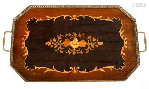 Italian Marquetry Wood & Brass Butler Serving Tray