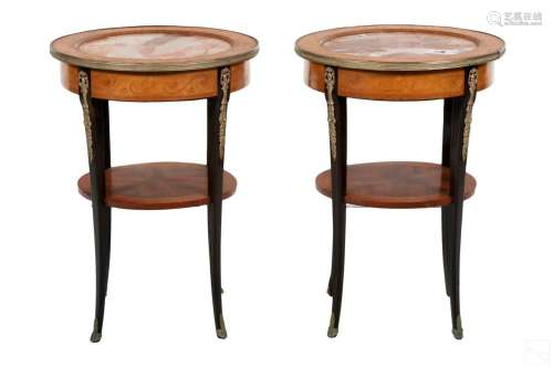 French Pair Inlaid Wood Ormolu Marble Mount Tables