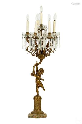 French Bronze and Crystal Figural Cupid Table Lamp