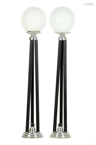 Modernist Chromed Metal & Glass Globe Floor Lamps