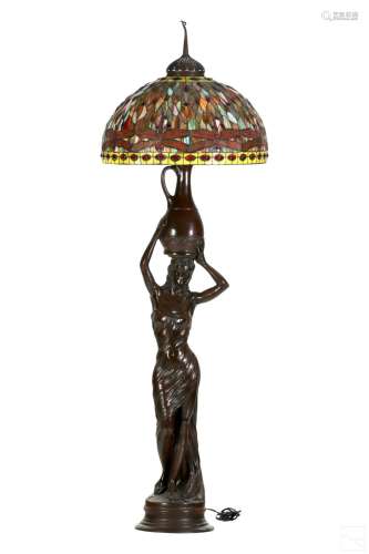 Bronze Art Nouveau Lamp with Tiffany Style Shade