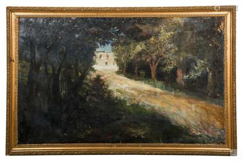 19C Antique Forest Architecture Landscape Painting