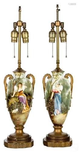 19C Antique French Faience Porcelain Figural Lamps