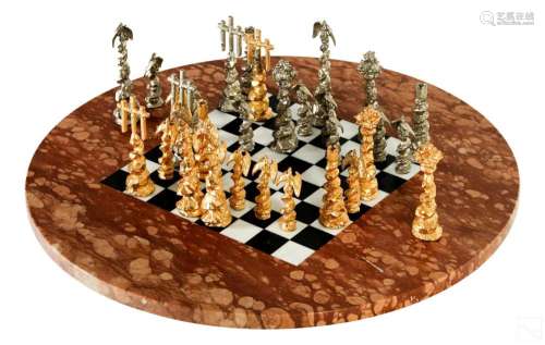 Modern Bronze Brutalist Chess Set and Marble Board