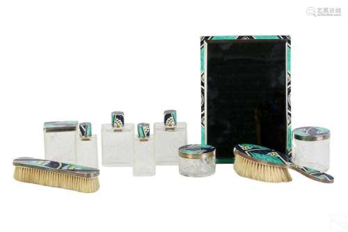 French Art Deco Silver and Enamel Vanity 10pc SET