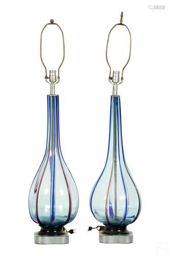 Murano Pair Venetian Art Glass Bulbous Table Lamps