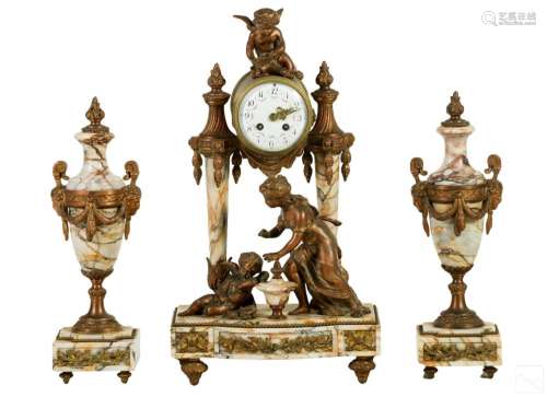 French Empire Dore Bronze Marble Clock Garniture