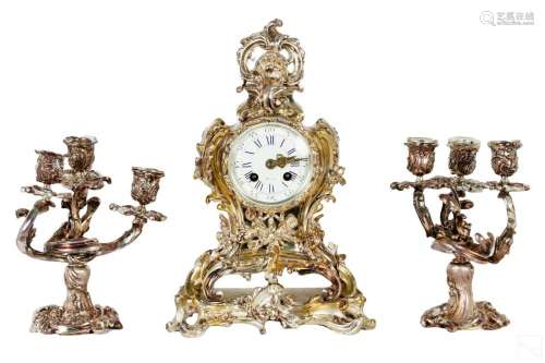 French Silvered Bronze 3pc Clock & Garnitures SET