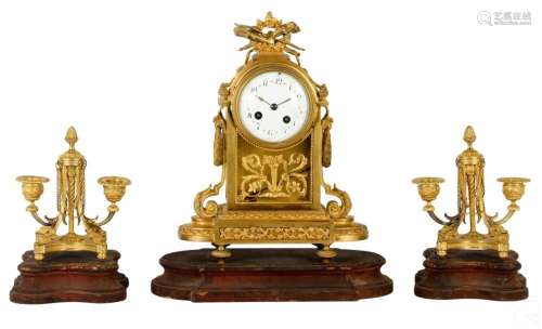 19C French Dore Bronze Clock & Garnitures 3pc SET