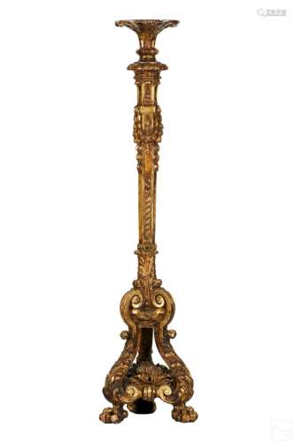 French Gilt Wood Floor Torchiere Candleholder 59"
