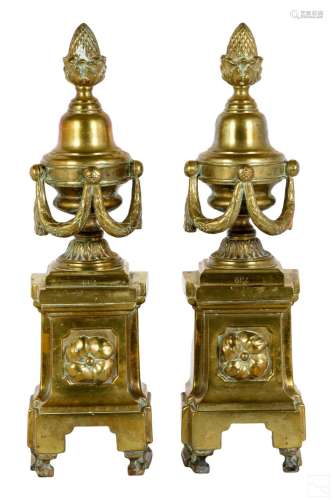 French Empire Style Bronze Fireplace Andirons Urns