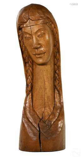 African Figural Carved Wood Madonna Bust Sculpture